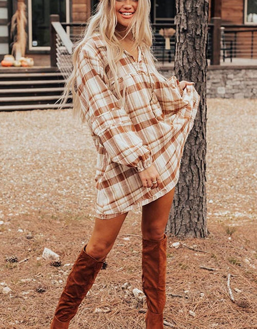 Load image into Gallery viewer, Plaid Collared Neck Long Sleeve Mini Shirt Dress
