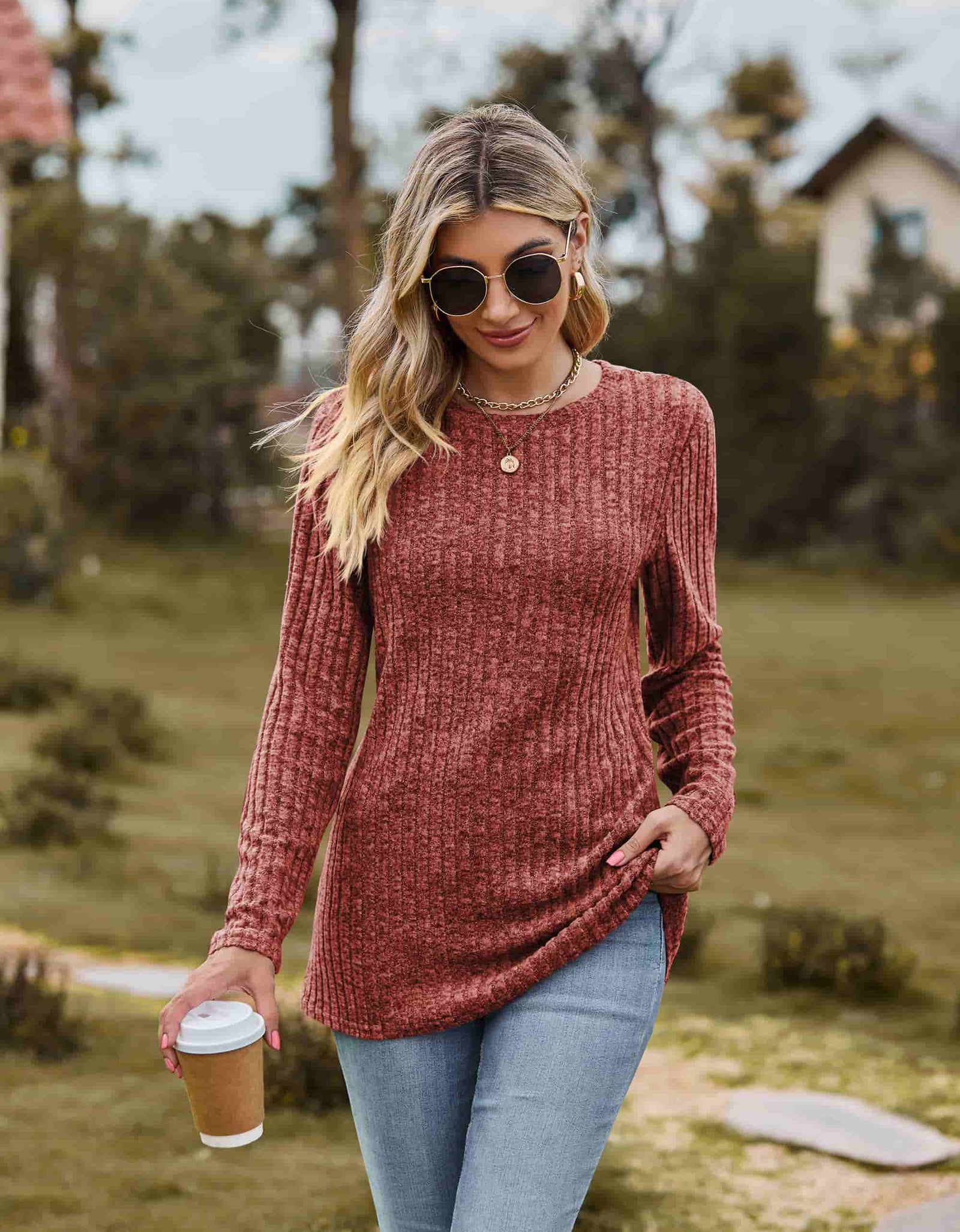 Ribbed Round Neck Long Sleeve Tee