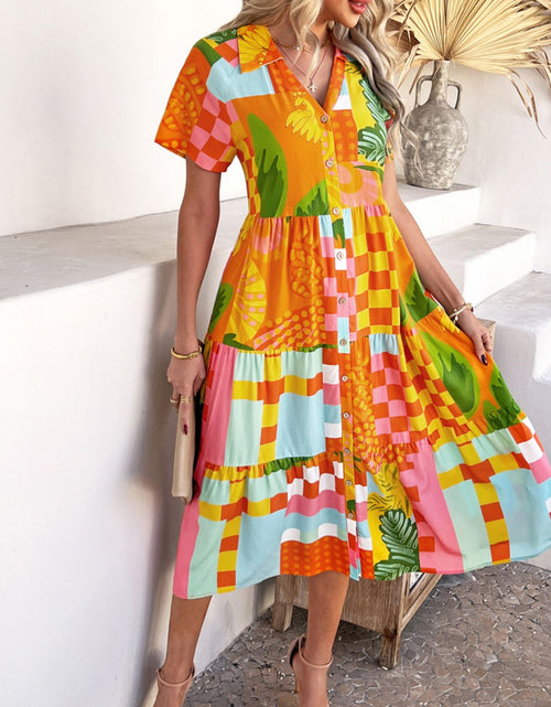 Load image into Gallery viewer, Devine Printed Johnny Collar Button Down Short Sleeve Midi Shirt Dress
