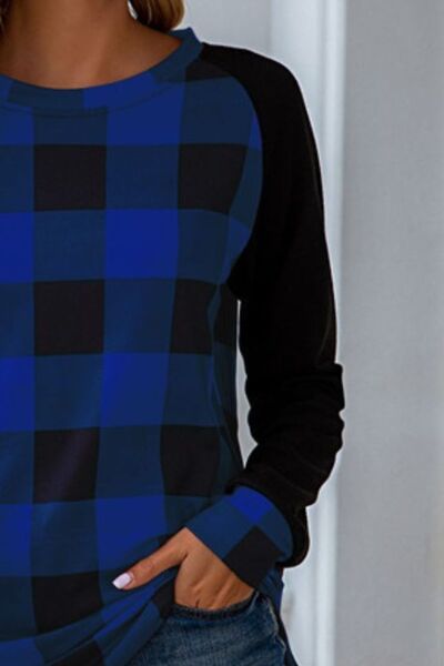Load image into Gallery viewer, Plaid Round Neck Long Sleeve T-Shirt
