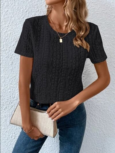 Load image into Gallery viewer, Eyelet Round Neck Short Sleeve T-Shirt
