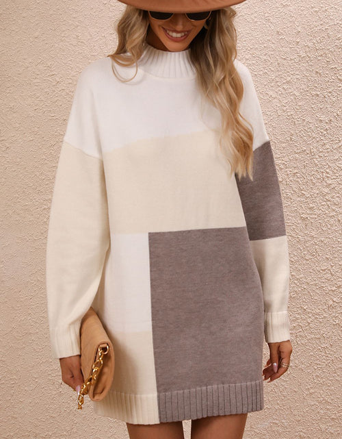 Load image into Gallery viewer, Color Block Mock Neck Dropped Shoulder Sweater Dress
