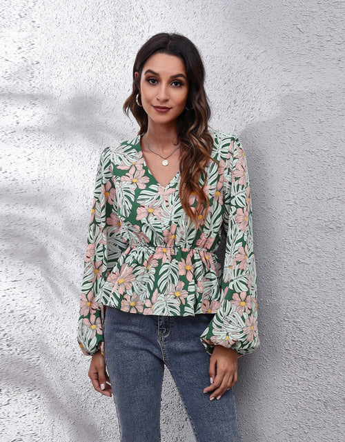 Load image into Gallery viewer, Floral V-Neck Balloon Sleeve Peplum Blouse
