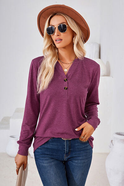 Load image into Gallery viewer, Notched Button Detail Long Sleeve T-Shirt
