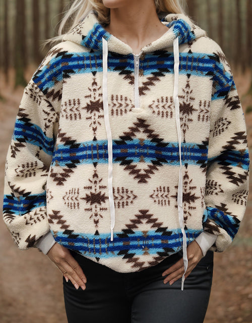 Load image into Gallery viewer, Shiny Geometric Half Zip Drawstring Long Sleeve Hoodie
