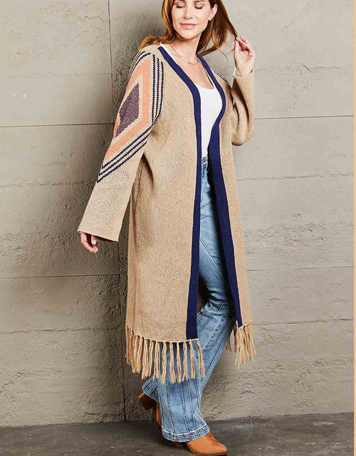 Load image into Gallery viewer, Angel Wings Geometric Fringe Hem Open Front Duster Cardigan
