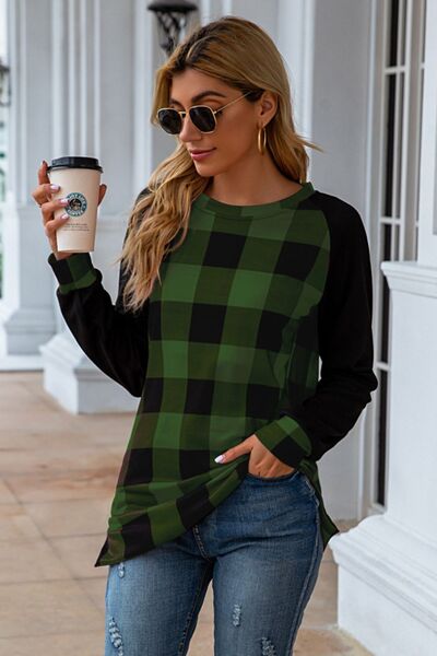 Load image into Gallery viewer, Plaid Round Neck Long Sleeve T-Shirt

