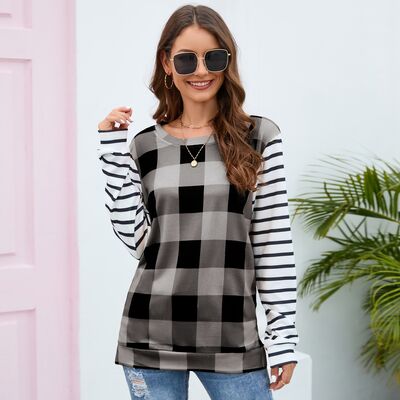 Load image into Gallery viewer, Plaid Striped Round Neck Long Sleeve T-Shirt
