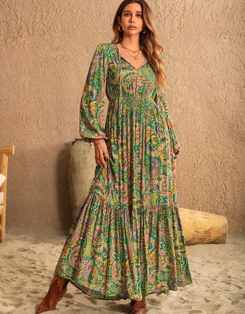 Load image into Gallery viewer, Printed Tie Neck Long Sleeve Dress
