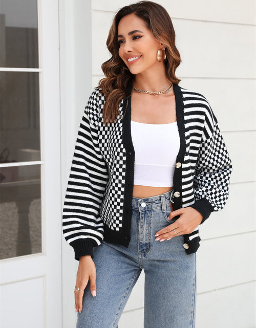 Load image into Gallery viewer, Angel Wings Button-Down Stripe &amp; Plaid Contrast Pattern Cardigan
