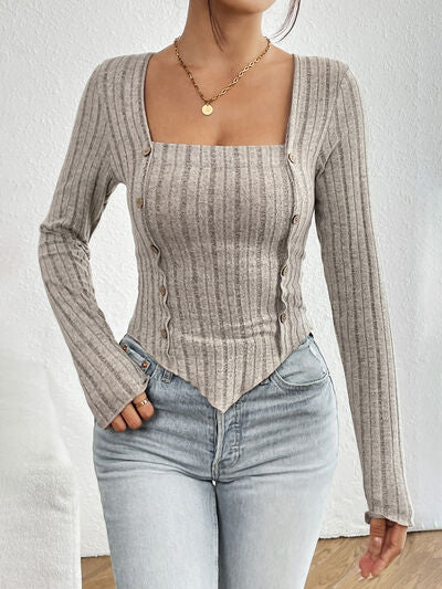 Load image into Gallery viewer, Ribbed Decorative Button Long Sleeve T-Shirt
