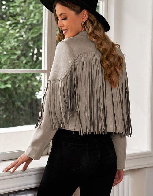 Load image into Gallery viewer, Fringe Trim Lapel Collar Cropped Blazer
