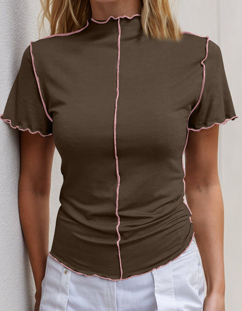 Load image into Gallery viewer, Basic Bae Contrast Trim Mock Neck Short Sleeve T-Shirt
