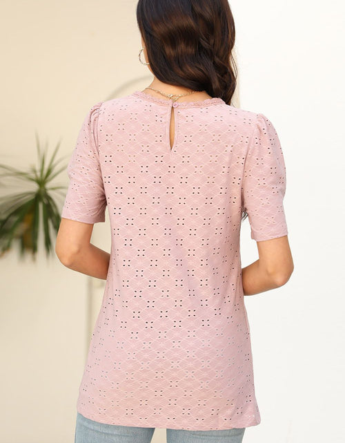 Load image into Gallery viewer, Eyelet Round Neck Short Sleeve T-Shirt

