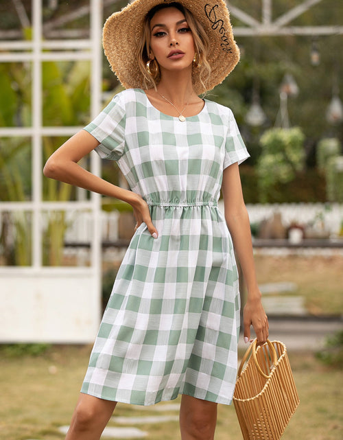 Load image into Gallery viewer, Ivy Lane Smocked Plaid Round Neck Short Sleeve Dress
