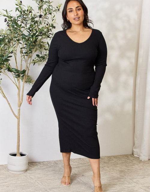 Load image into Gallery viewer, Culture Code Full Size Ribbed Long Sleeve Midi Slit Dress
