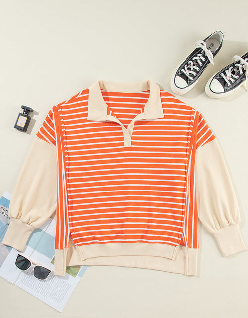 Load image into Gallery viewer, Striped Johnny Collar Long Sleeve Sweatshirt
