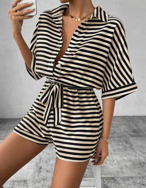 Load image into Gallery viewer, Tie Waist Half Button Striped Romper
