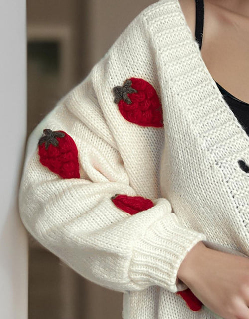 Load image into Gallery viewer, Crochet Strawberry V-Neck Long Sleeve Cardigan
