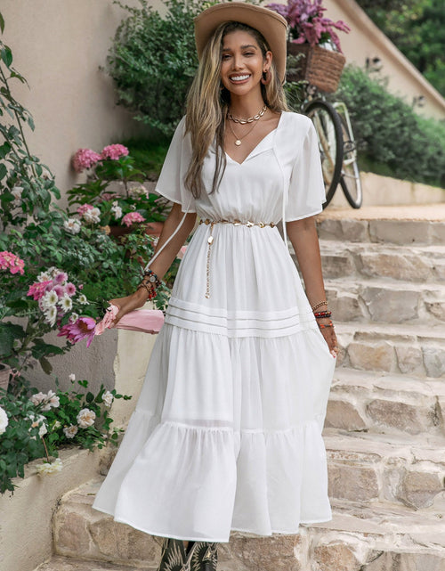 Load image into Gallery viewer, Tie Neck Short Sleeve Ruffle Hem Dress
