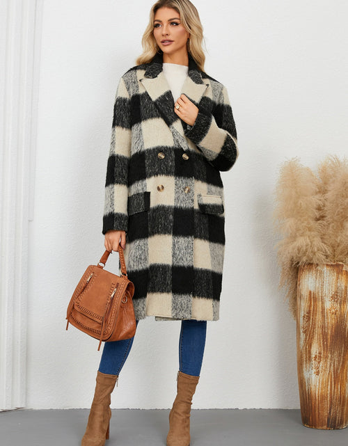 Load image into Gallery viewer, Plaid Double-Breasted Long Sleeve Coat
