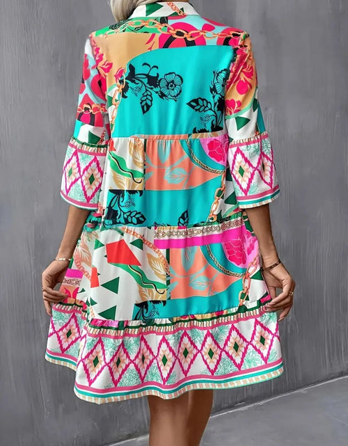 Load image into Gallery viewer, Printed Notched 3/4 Sleeve Tiered Dress
