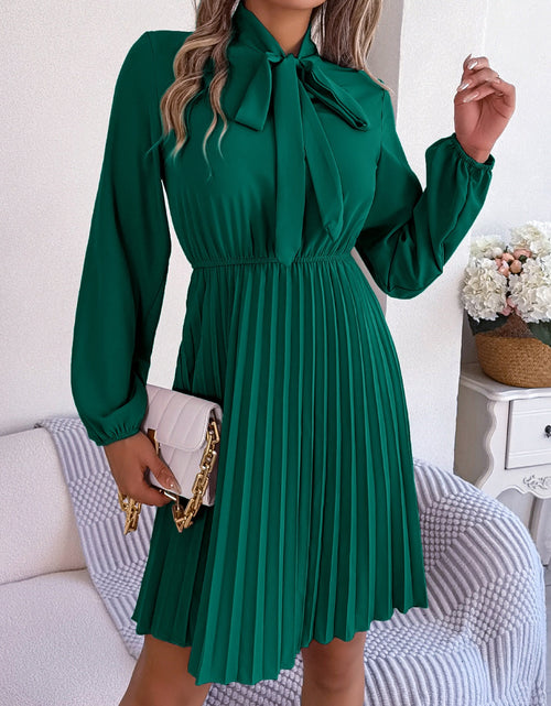 Load image into Gallery viewer, Tie Neck Balloon Sleeve Pleated Dress
