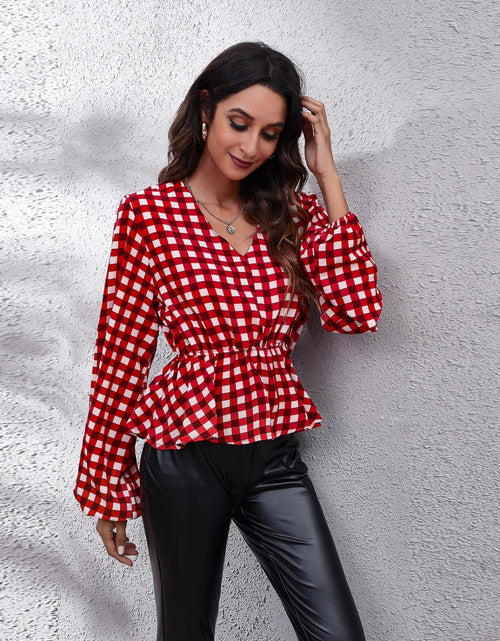 Load image into Gallery viewer, Plaid V-Neck Balloon Sleeve Peplum Blouse
