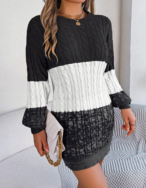 Load image into Gallery viewer, Cable-Knit Round Neck Color Block Sweater Dress
