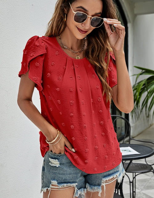 Load image into Gallery viewer, Swiss Dot Round Neck Petal Sleeve Top

