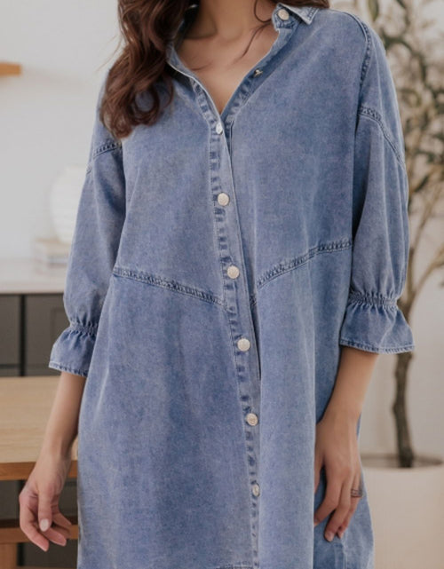 Load image into Gallery viewer, Distressed Collared Neck Flounce Sleeve Denim Dress
