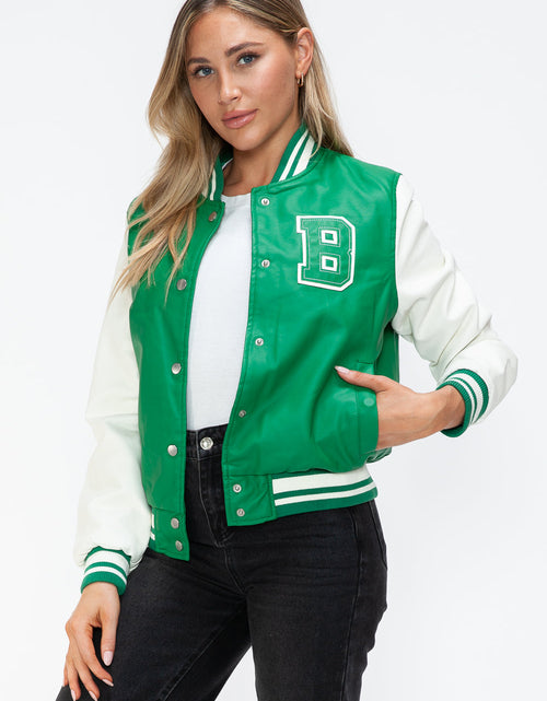 Load image into Gallery viewer, Love Me Now PU Leather Contrast Snap Down Bomber Jacket
