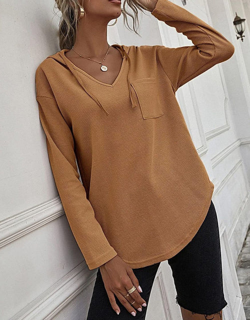Load image into Gallery viewer, Drawstring Waffle Knit Long Sleeve Hooded Top
