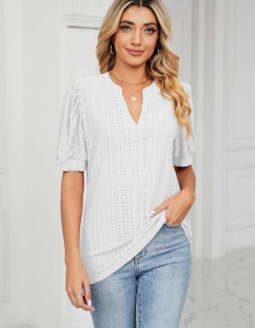 Load image into Gallery viewer, Eyelet Short Puff Sleeve Notched Neck Top
