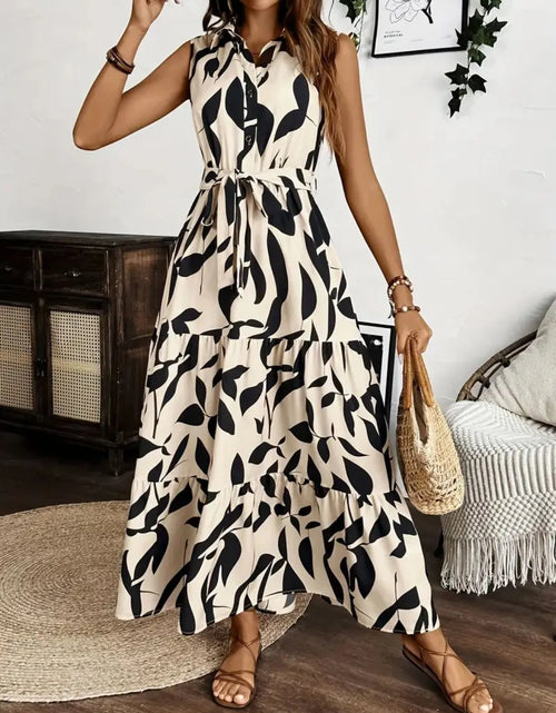 Load image into Gallery viewer, Printed Tie Waist Sleeveless Maxi Dress
