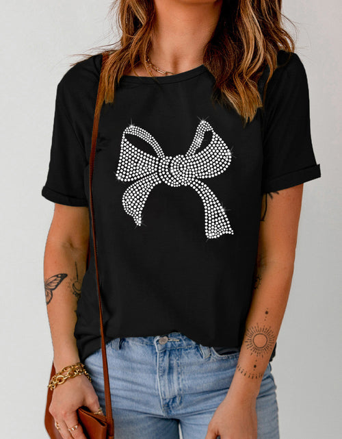 Load image into Gallery viewer, Rhinestone Bow Graphic Round Neck Short Sleeve T-Shirt
