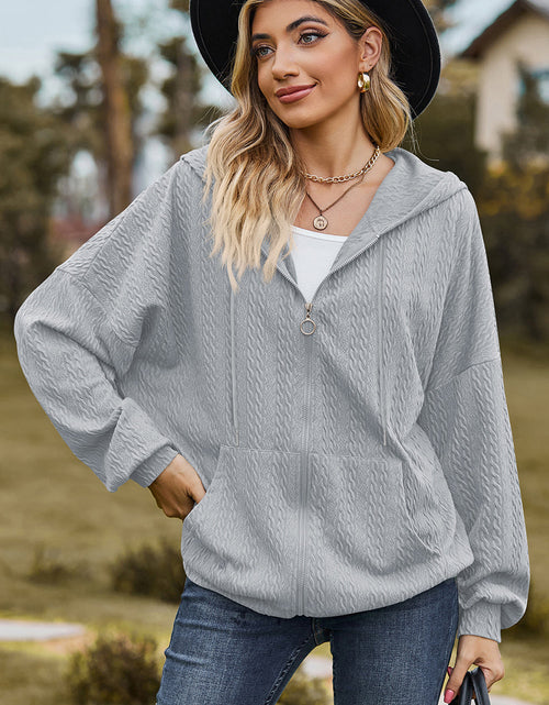 Load image into Gallery viewer, Drawstring Zip Up Dropped Shoulder Hoodie
