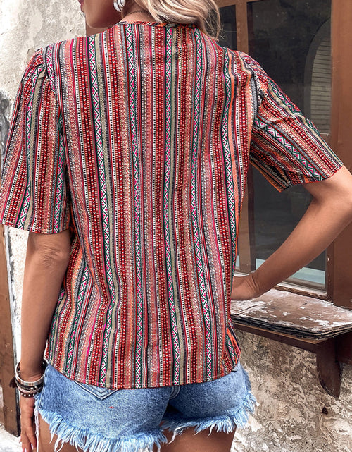 Load image into Gallery viewer, Shiny Printed V-Neck Button-Up Short Sleeve Top
