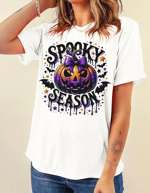Load image into Gallery viewer, Full Size Jack-O'-Lantern Graphic Round Neck Short Sleeve T-Shirt
