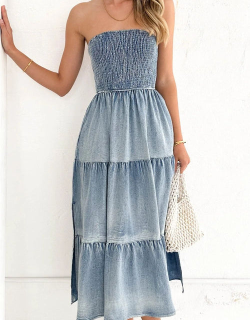 Load image into Gallery viewer, Smocked Tube Slit Tiered Denim Dress

