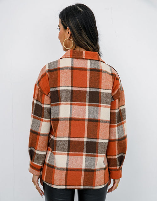 Load image into Gallery viewer, Shiny Plaid Button Up Collared Neck Jacket
