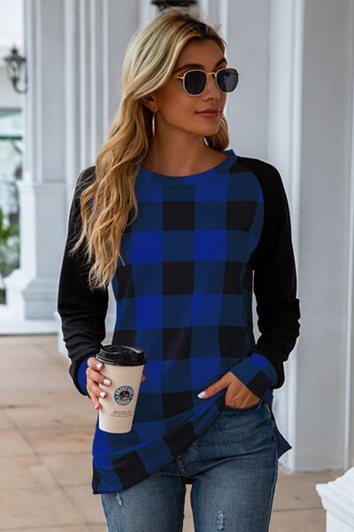 Load image into Gallery viewer, Plaid Round Neck Long Sleeve T-Shirt
