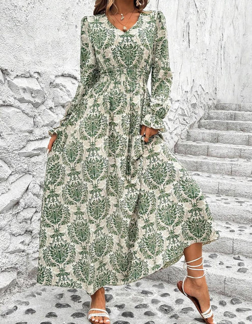 Load image into Gallery viewer, Smocked Printed V-Neck Flounce Sleeve Dress
