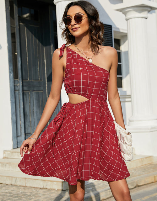 Load image into Gallery viewer, Grid One-Shoulder Tied Cutout Dress
