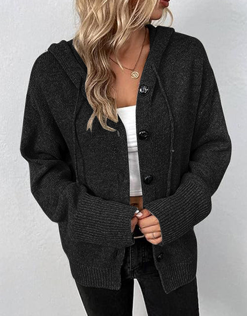 Load image into Gallery viewer, Button Up Drawstring Long Sleeve Hooded Cardigan
