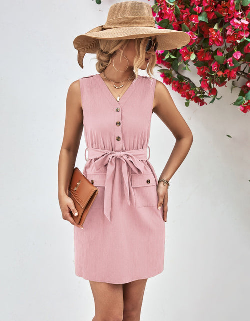 Load image into Gallery viewer, Buttoned V-Neck Belted Sleeveless Dress
