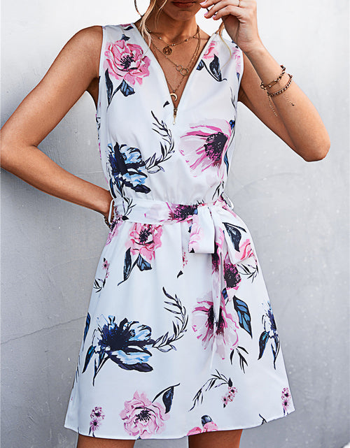 Load image into Gallery viewer, Printed Zip Detail Belted Sleeveless Dress
