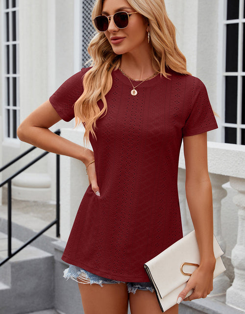 Load image into Gallery viewer, Eyelet Slit Round Neck Short Sleeve T-Shirt
