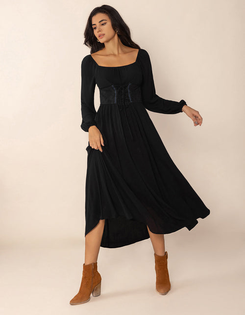 Load image into Gallery viewer, Lace-Up Square Neck Long Sleeve Midi Dress
