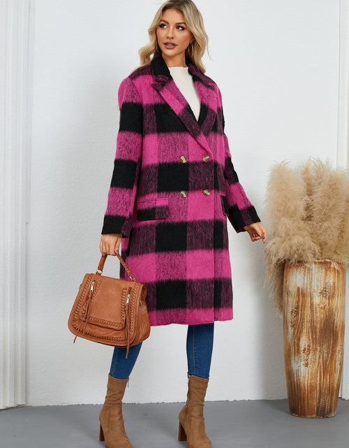 Load image into Gallery viewer, Plaid Double-Breasted Long Sleeve Coat
